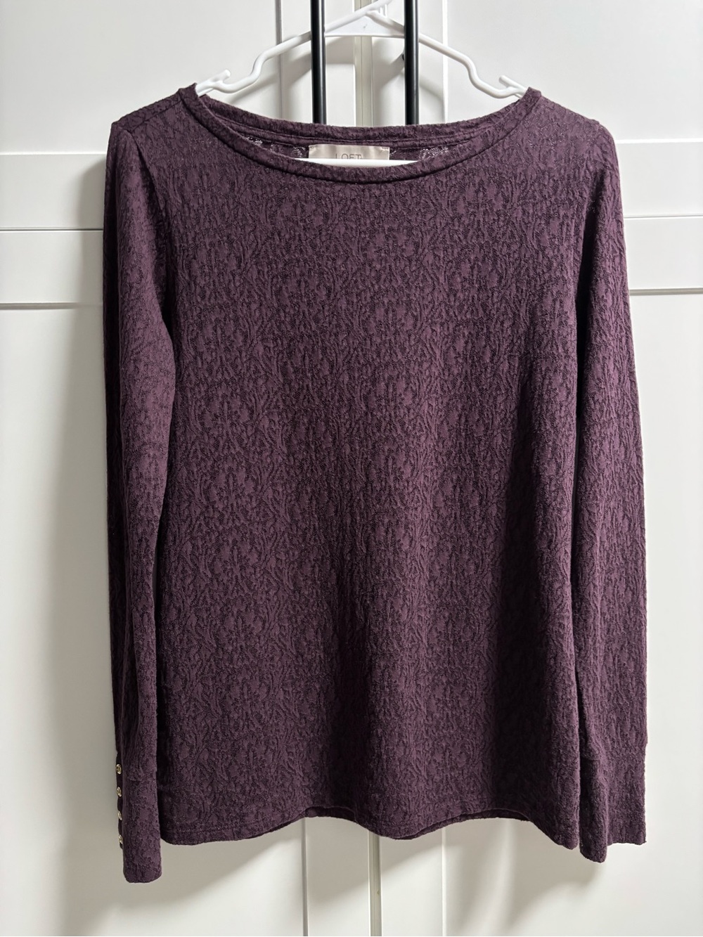 LOFT Plum Textured Long-Sleeve Top With Gold Button Cuffs - Size M